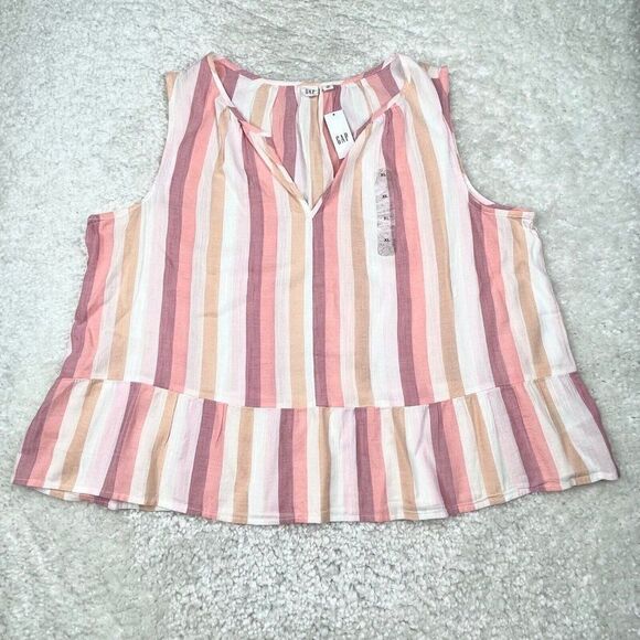 Gap Sleeveless Peplum Top Peach Multi Stripe NEW - Picture 2 of 9